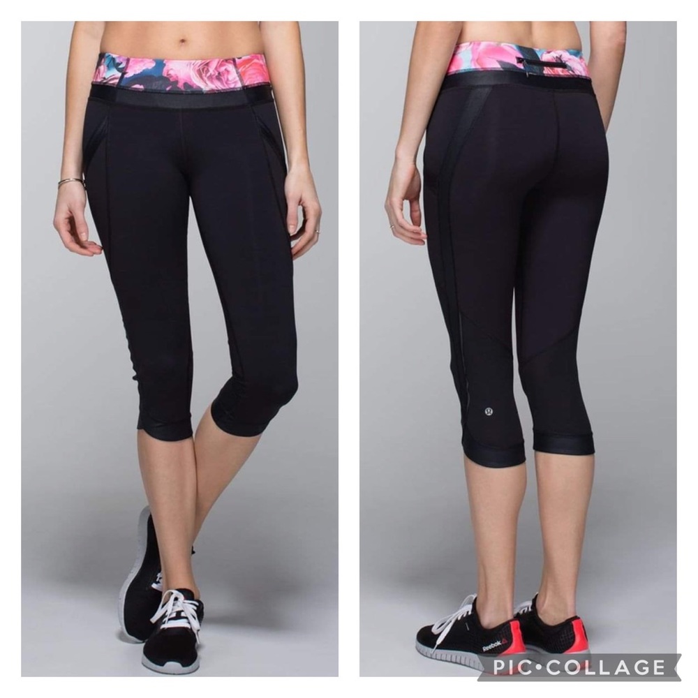 Lululemon Chase Me Crop II Black/Secret Garden Size 6